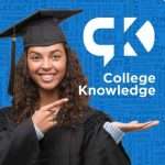 A smiling graduate in a cap and gown points to the College Knowledge logo, set against a blue background with educational words.