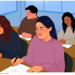 Illustration of students sitting at desks in a classroom, writing on paper, with focused and calm expressions. The background shows large windows and blue walls.